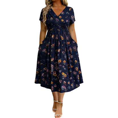 🔥Siste dag: 50% rabatt! 👗Kjole med V-hals, blomsterprint og vridd midje for kvinner🎁