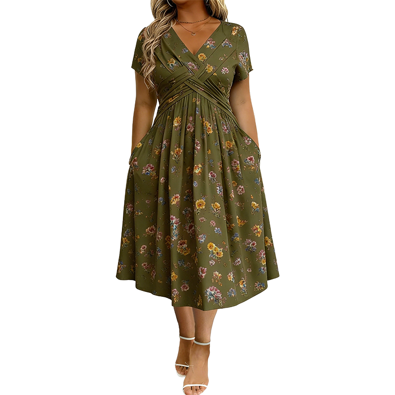 🔥Siste dag: 50% rabatt! 👗Kjole med V-hals, blomsterprint og vridd midje for kvinner🎁