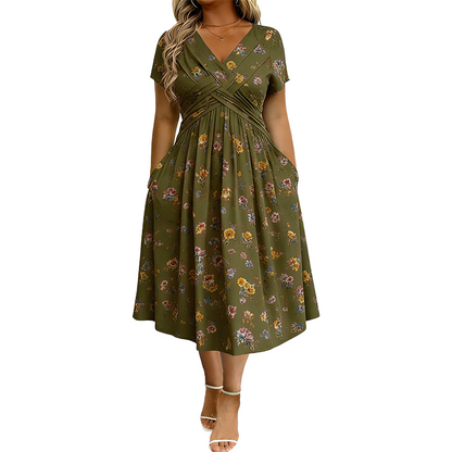 🔥Siste dag: 50% rabatt! 👗Kjole med V-hals, blomsterprint og vridd midje for kvinner🎁