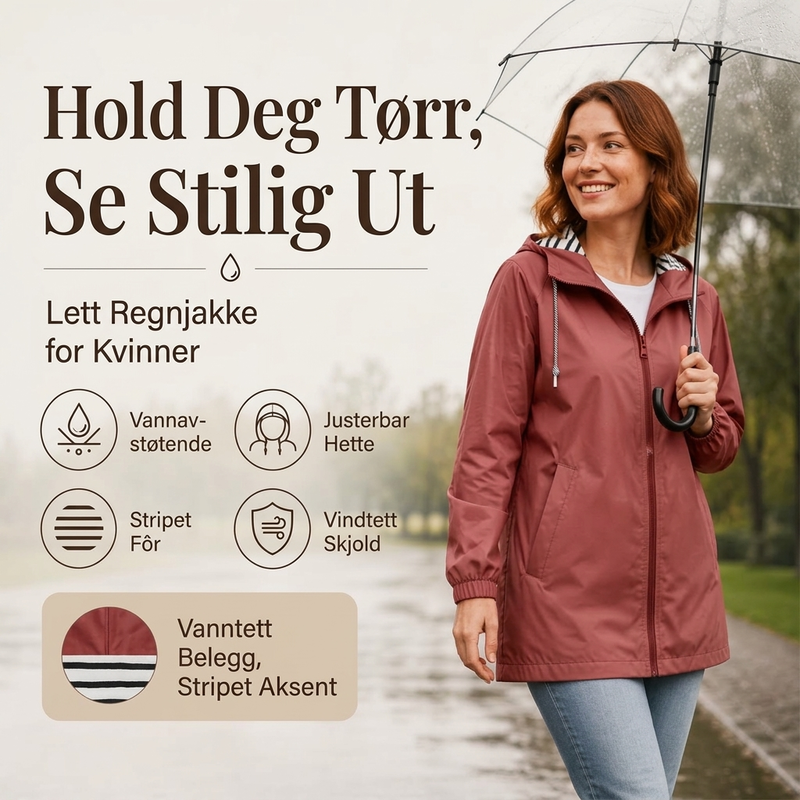 🌧️ Vanntett utendørsjakke med hette for damer – lett og praktisk