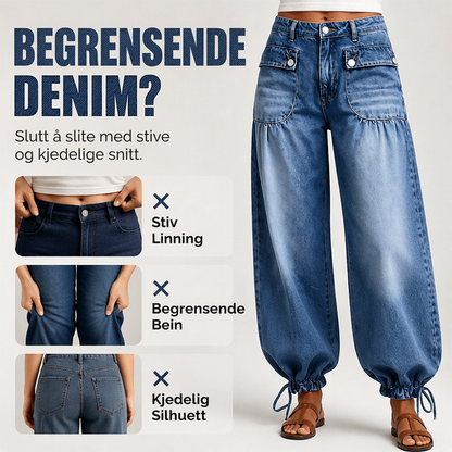 Jeans med høy midje for kvinner, ballongsnitt med snøring i beinenden