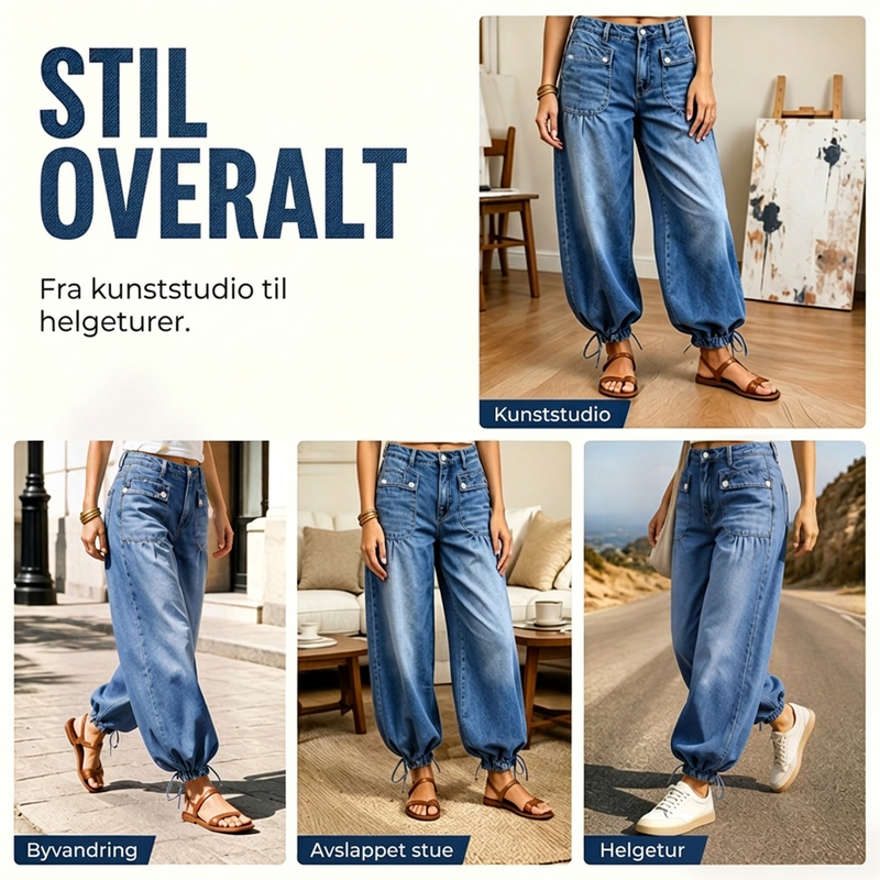 Jeans med høy midje for kvinner, ballongsnitt med snøring i beinenden