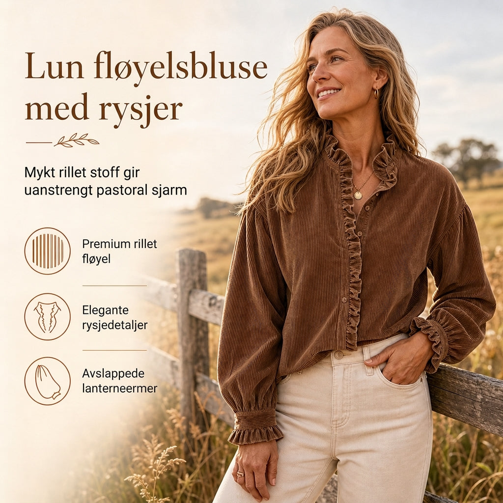 Dame vintage bluse i cordfløyel med volangkrage og lange lanternermer