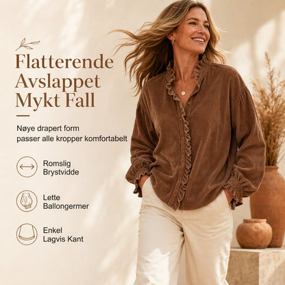 Dame vintage bluse i cordfløyel med volangkrage og lange lanternermer