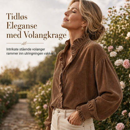 Dame vintage bluse i cordfløyel med volangkrage og lange lanternermer