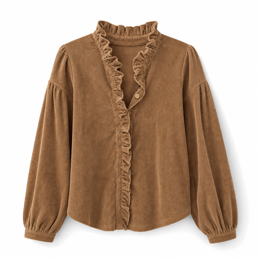 Dame vintage bluse i cordfløyel med volangkrage og lange lanternermer