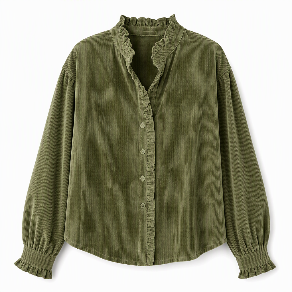 Dame vintage bluse i cordfløyel med volangkrage og lange lanternermer