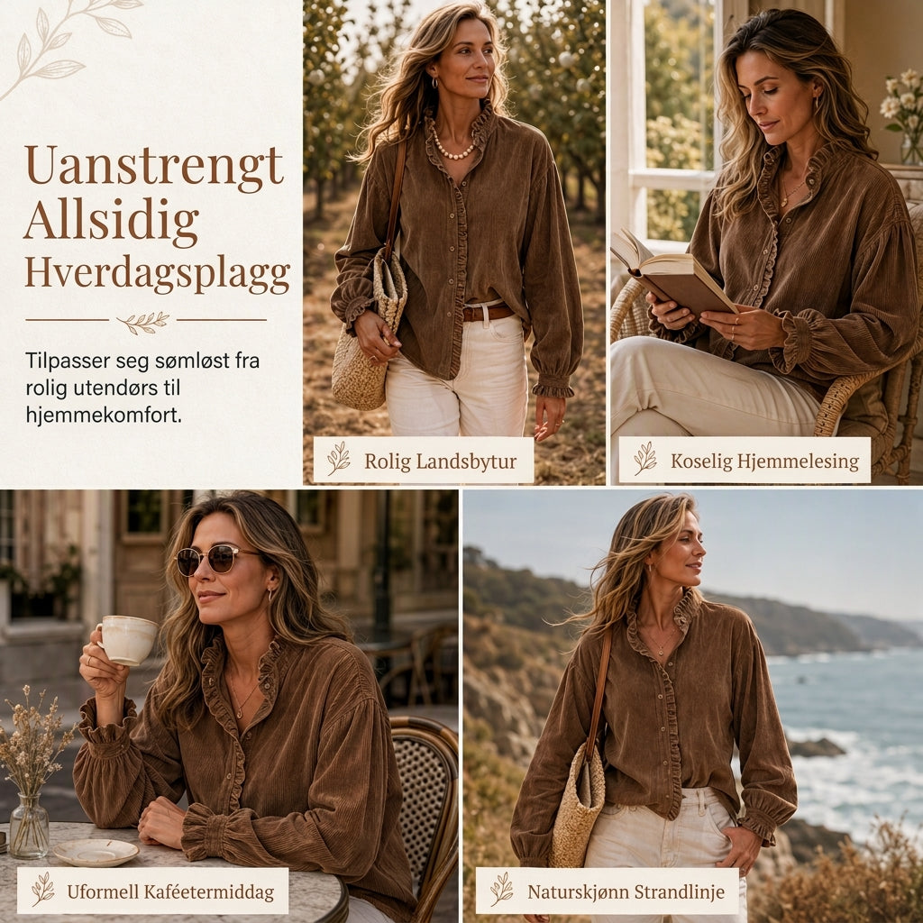 Dame vintage bluse i cordfløyel med volangkrage og lange lanternermer