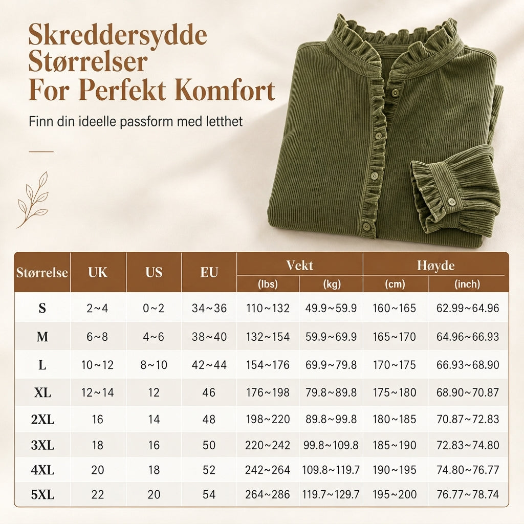 Dame vintage bluse i cordfløyel med volangkrage og lange lanternermer