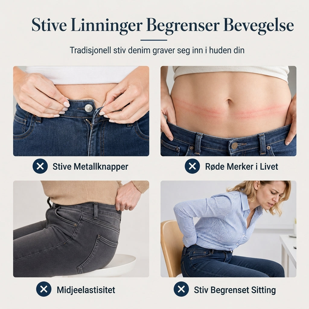 Mørkvaskede jeans for kvinner med høy midje, slim fit og bred elastisk linning, med trekk-på-design