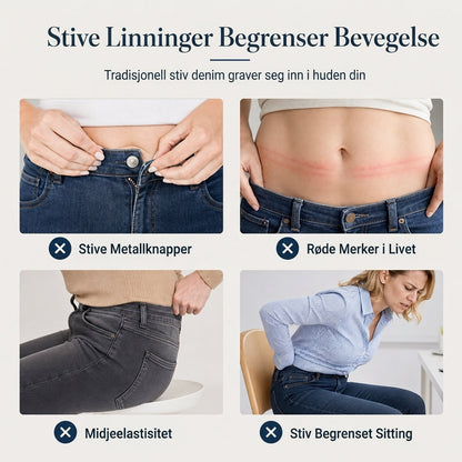 Mørkvaskede jeans for kvinner med høy midje, slim fit og bred elastisk linning, med trekk-på-design