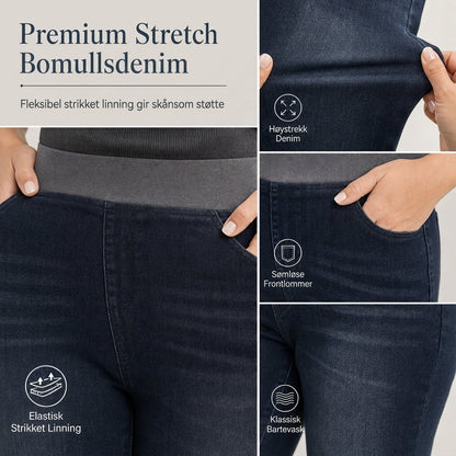 Mørkvaskede jeans for kvinner med høy midje, slim fit og bred elastisk linning, med trekk-på-design