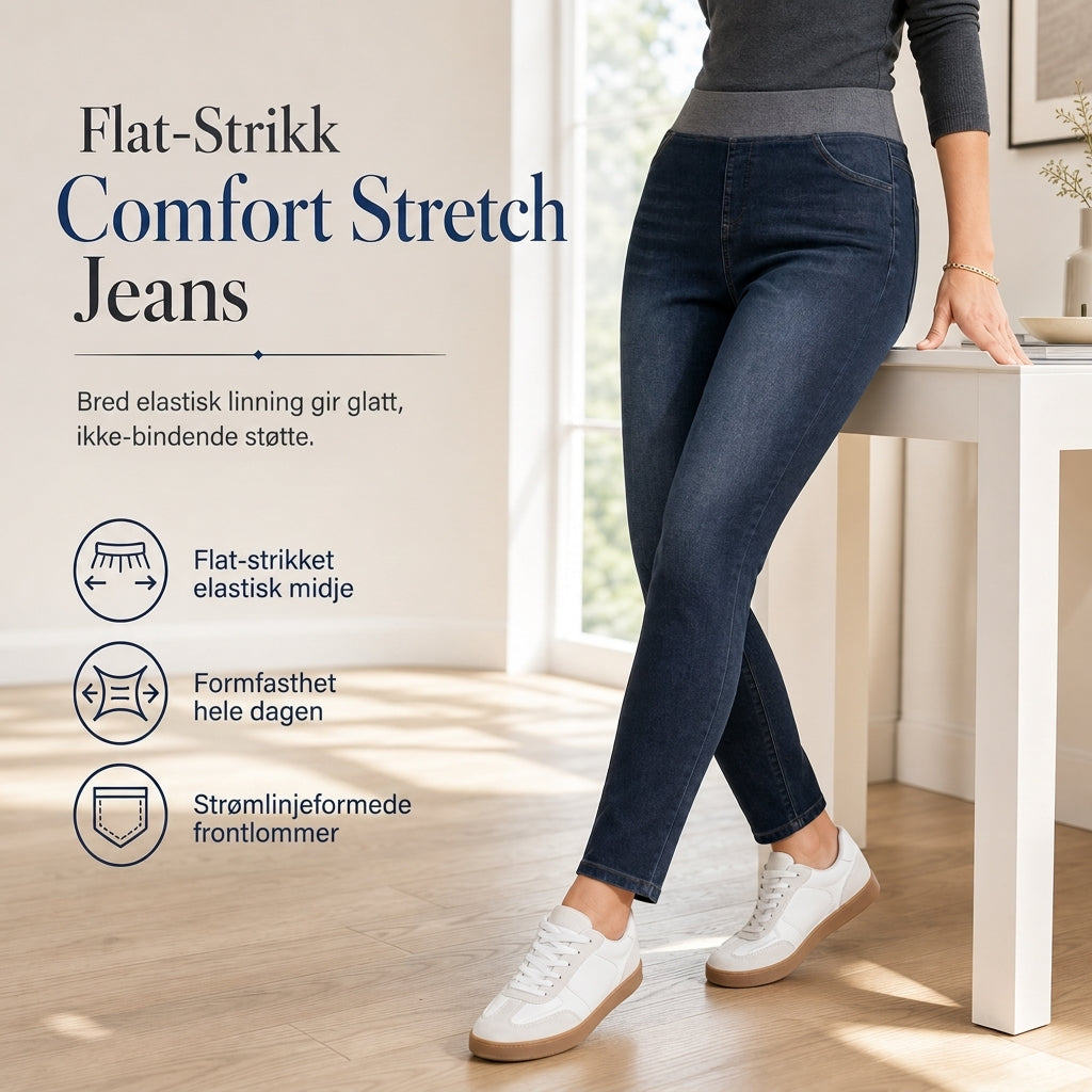 Mørkvaskede jeans for kvinner med høy midje, slim fit og bred elastisk linning, med trekk-på-design