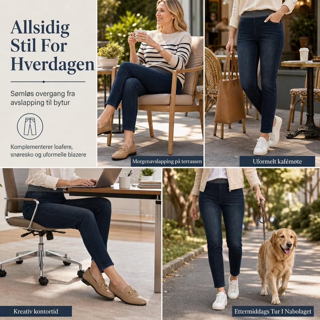 Mørkvaskede jeans for kvinner med høy midje, slim fit og bred elastisk linning, med trekk-på-design