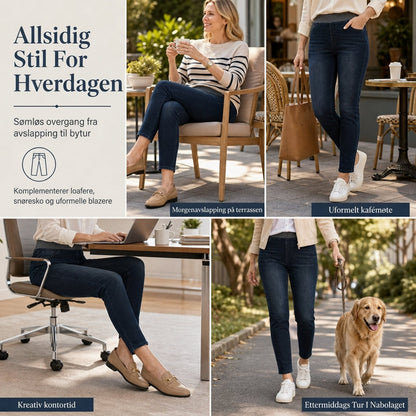 Mørkvaskede jeans for kvinner med høy midje, slim fit og bred elastisk linning, med trekk-på-design