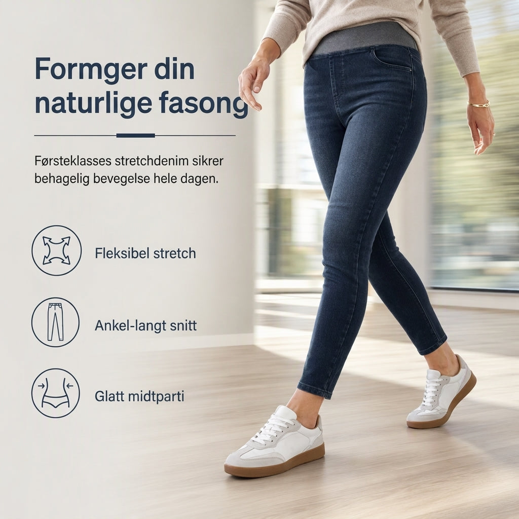 Mørkvaskede jeans for kvinner med høy midje, slim fit og bred elastisk linning, med trekk-på-design