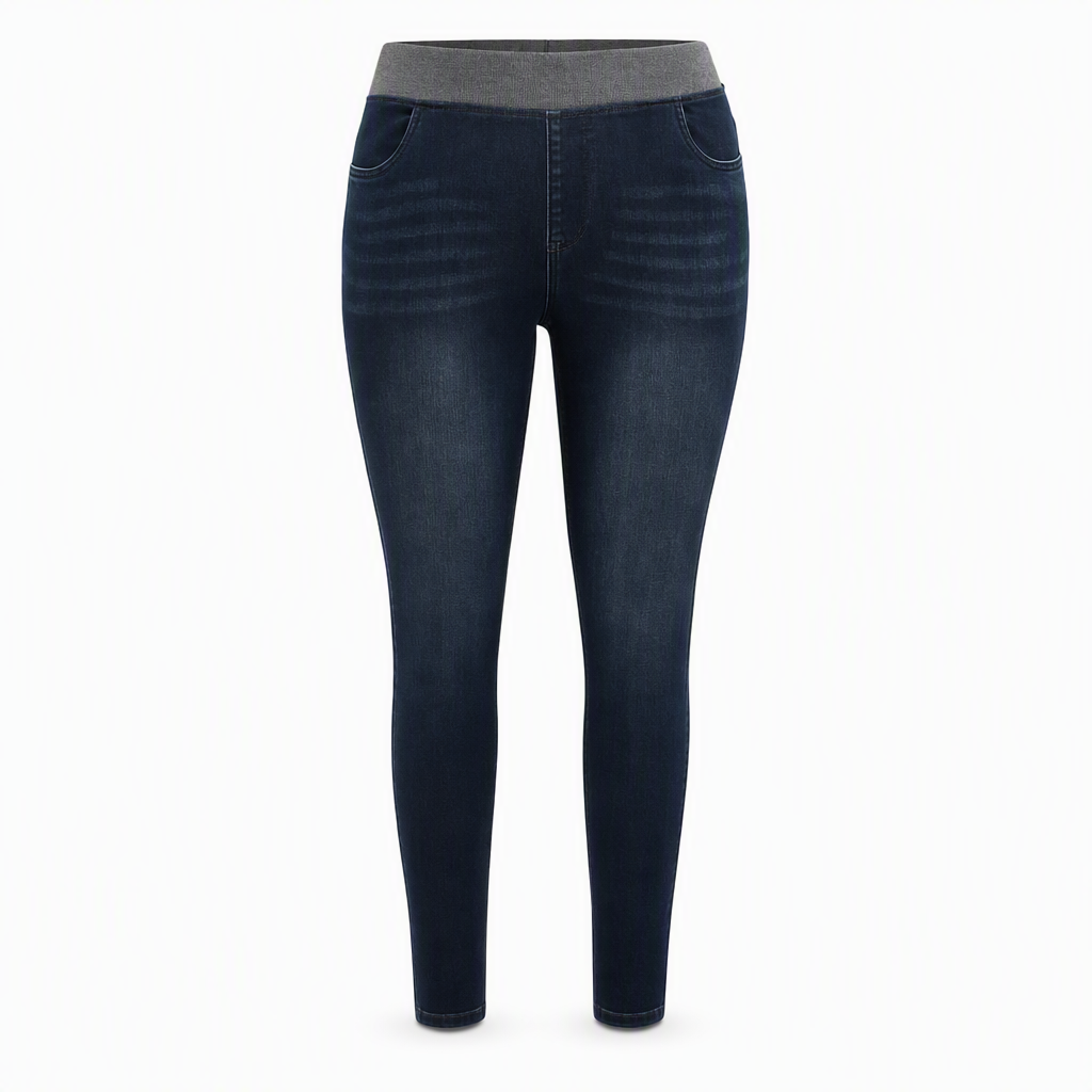 Mørkvaskede jeans for kvinner med høy midje, slim fit og bred elastisk linning, med trekk-på-design