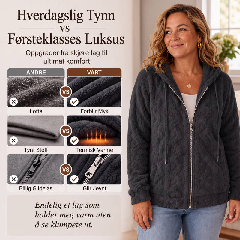 Uformell, varm og lodden jakke med hette for kvinner