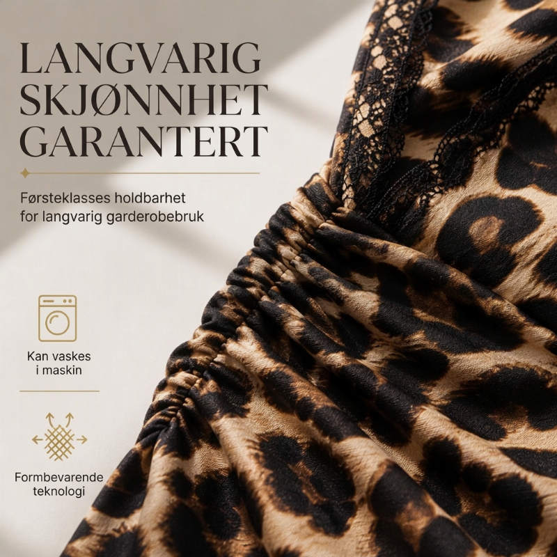 Kjole i midtlengde med blonder, leopardmønster, V-hals og lanterneærmer for kvinner