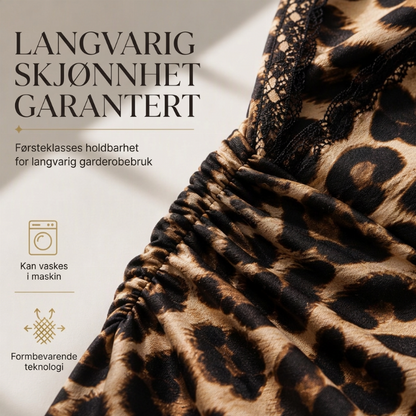 Kjole i midtlengde med blonder, leopardmønster, V-hals og lanterneærmer for kvinner