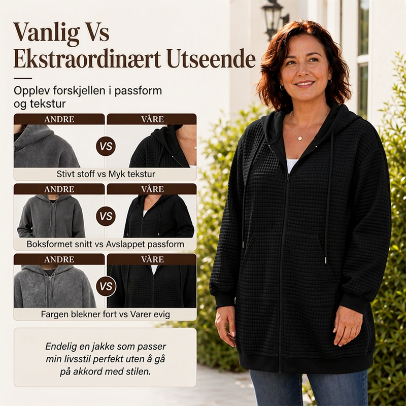 Lang, vaffelstrukturert hettejakke for kvinner