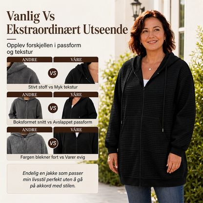 Lang, vaffelstrukturert hettejakke for kvinner