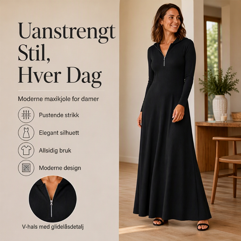 Maxikjole for kvinner i ribbestrikk med hette