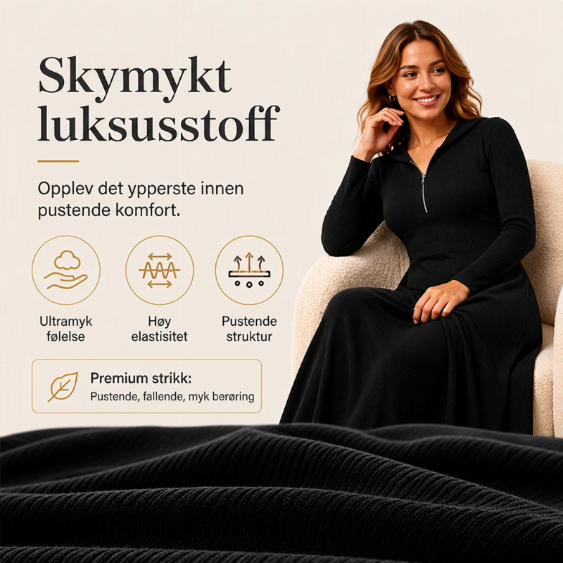 Maxikjole for kvinner i ribbestrikk med hette