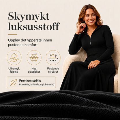 Maxikjole for kvinner i ribbestrikk med hette