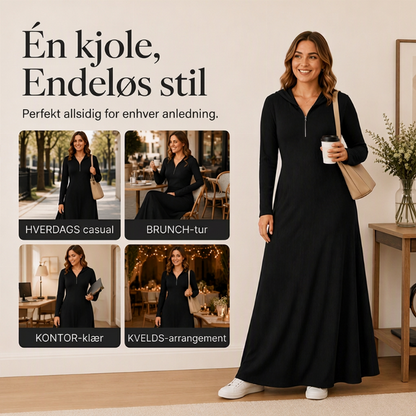 Maxikjole for kvinner i ribbestrikk med hette