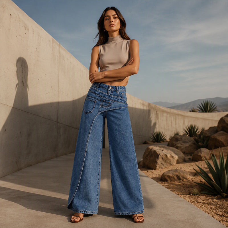 Trendy, asymmetriske bredbuksjeans for kvinner