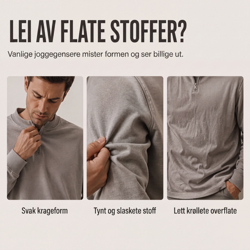 Genser for menn i cordfløyel med kvart glidelås, uformell stående krage, langermet overdel