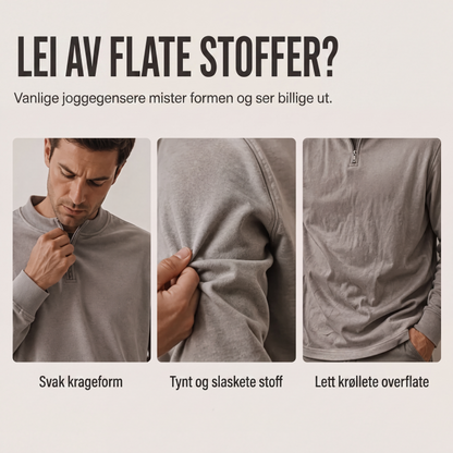 Genser for menn i cordfløyel med kvart glidelås, uformell stående krage, langermet overdel