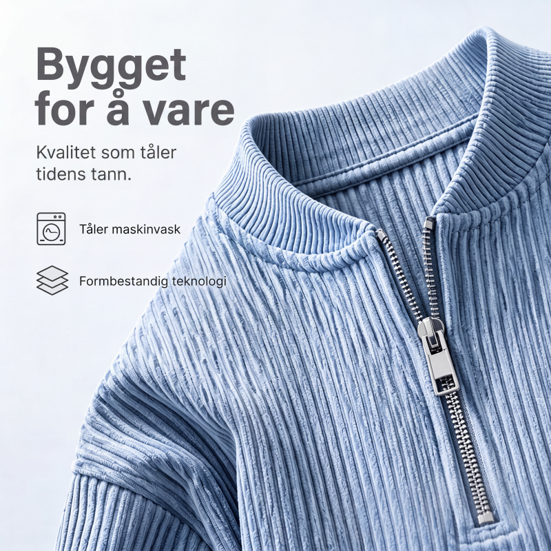 Genser for menn i cordfløyel med kvart glidelås, uformell stående krage, langermet overdel