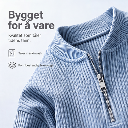 Genser for menn i cordfløyel med kvart glidelås, uformell stående krage, langermet overdel