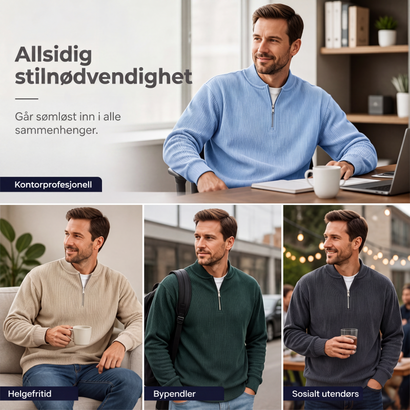 Genser for menn i cordfløyel med kvart glidelås, uformell stående krage, langermet overdel