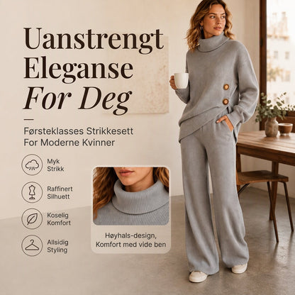 Damesett med strikket turtleneck-genseren og vidbeinte bukser