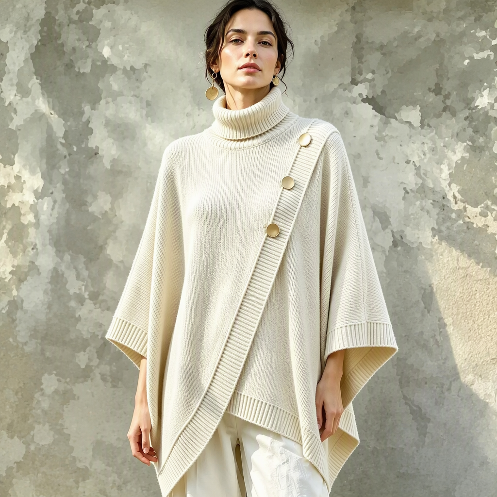 Asymmetrisk turtleneck poncho-strikkegenser for kvinner