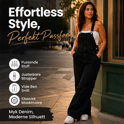 Bredbens overall i denim for kvinner med lommer