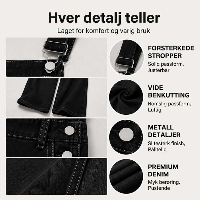 Bredbens overall i denim for kvinner med lommer
