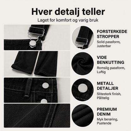 Bredbens overall i denim for kvinner med lommer