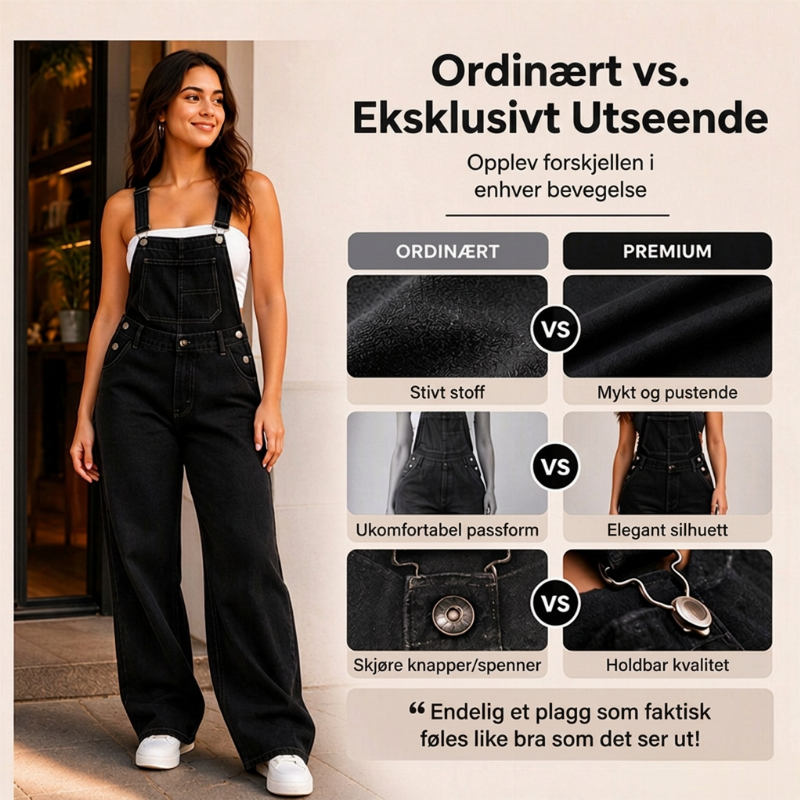 Bredbens overall i denim for kvinner med lommer