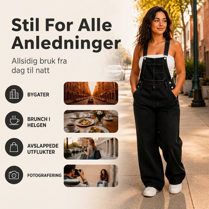Bredbens overall i denim for kvinner med lommer
