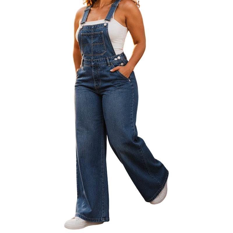 Bredbens overall i denim for kvinner med lommer