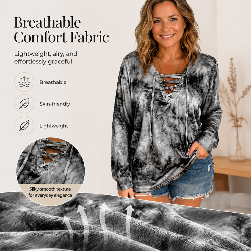 ✨👚 Trendy blondetopp for kvinner | V-hals, snøring og unikt tie-dye-mønster