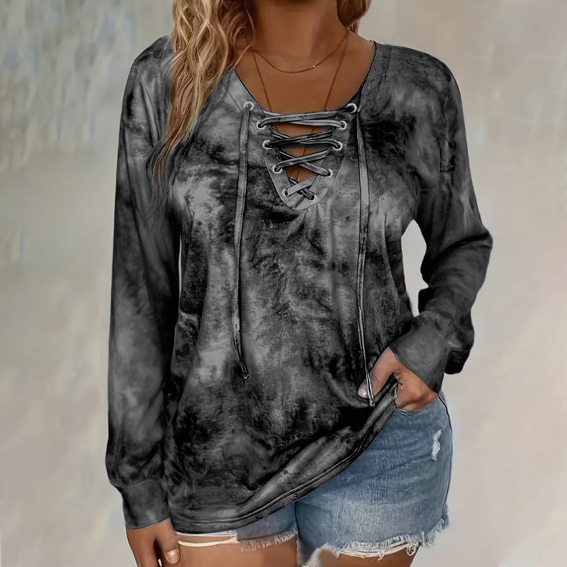 ✨👚 Trendy blondetopp for kvinner | V-hals, snøring og unikt tie-dye-mønster