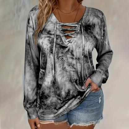 ✨👚 Trendy blondetopp for kvinner | V-hals, snøring og unikt tie-dye-mønster