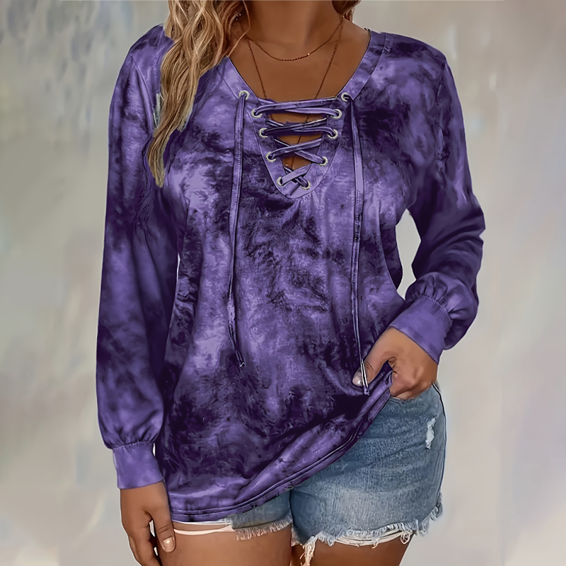 ✨👚 Trendy blondetopp for kvinner | V-hals, snøring og unikt tie-dye-mønster