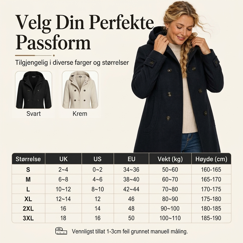 Dobbeltknapp hettefrakk i ull til dame