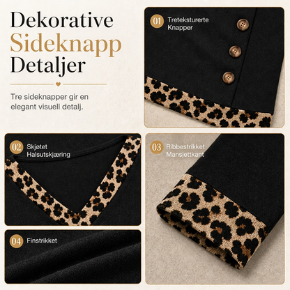 🔥50 % rabatt✨🍂 Strikketopp med V-hals og leopardmønster for damer | Myk strikk og dekorative knapper